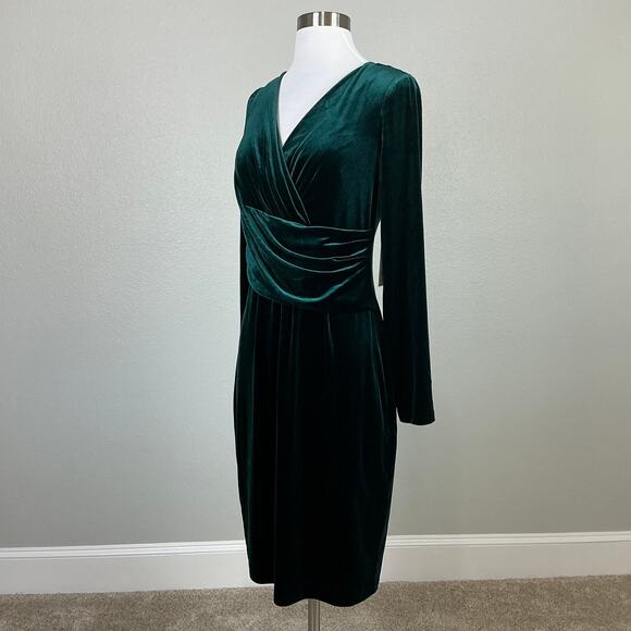 Eliza J Velvet Long Sleeve V-Neck Midi Sheath Cocktail Party Dress Green Size 12 - Picture 4 of 12